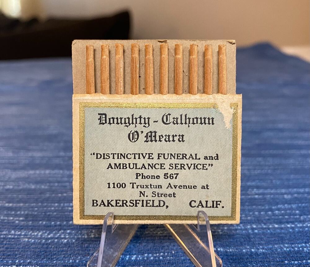Vtg Pull Quick Matchbook Doughty Calhoun OMeara Funeral Ambulance Bakersfield CA